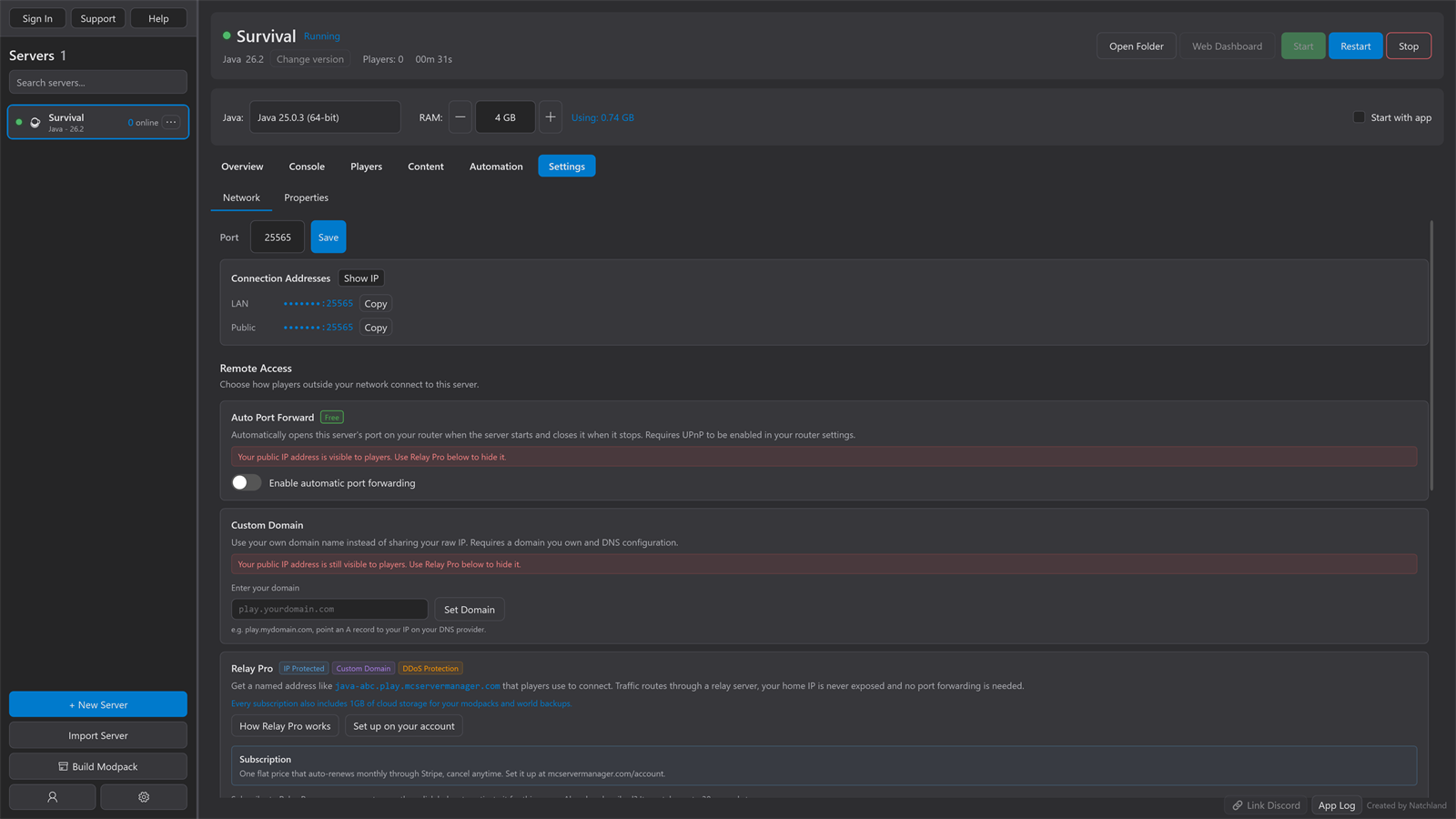 A proxy network in MC Server Manager, with every backend server in one window