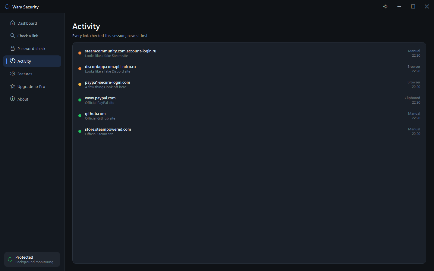The Wary Security activity list showing fake Steam, Discord and PayPal addresses flagged